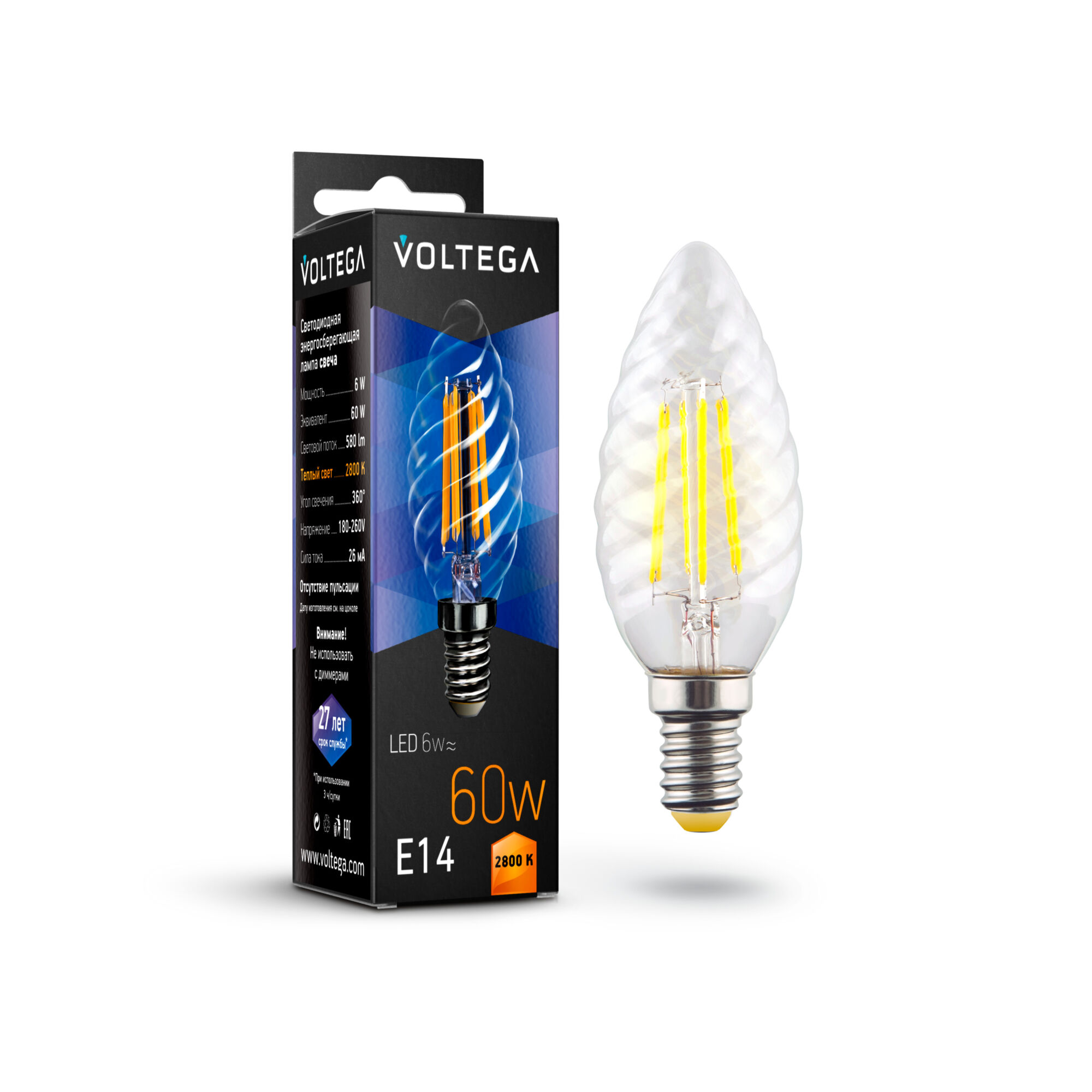 Светодиодная лампа Crystal Candle corn 6W 2800K E14 360°   Лампочка Voltega 7027