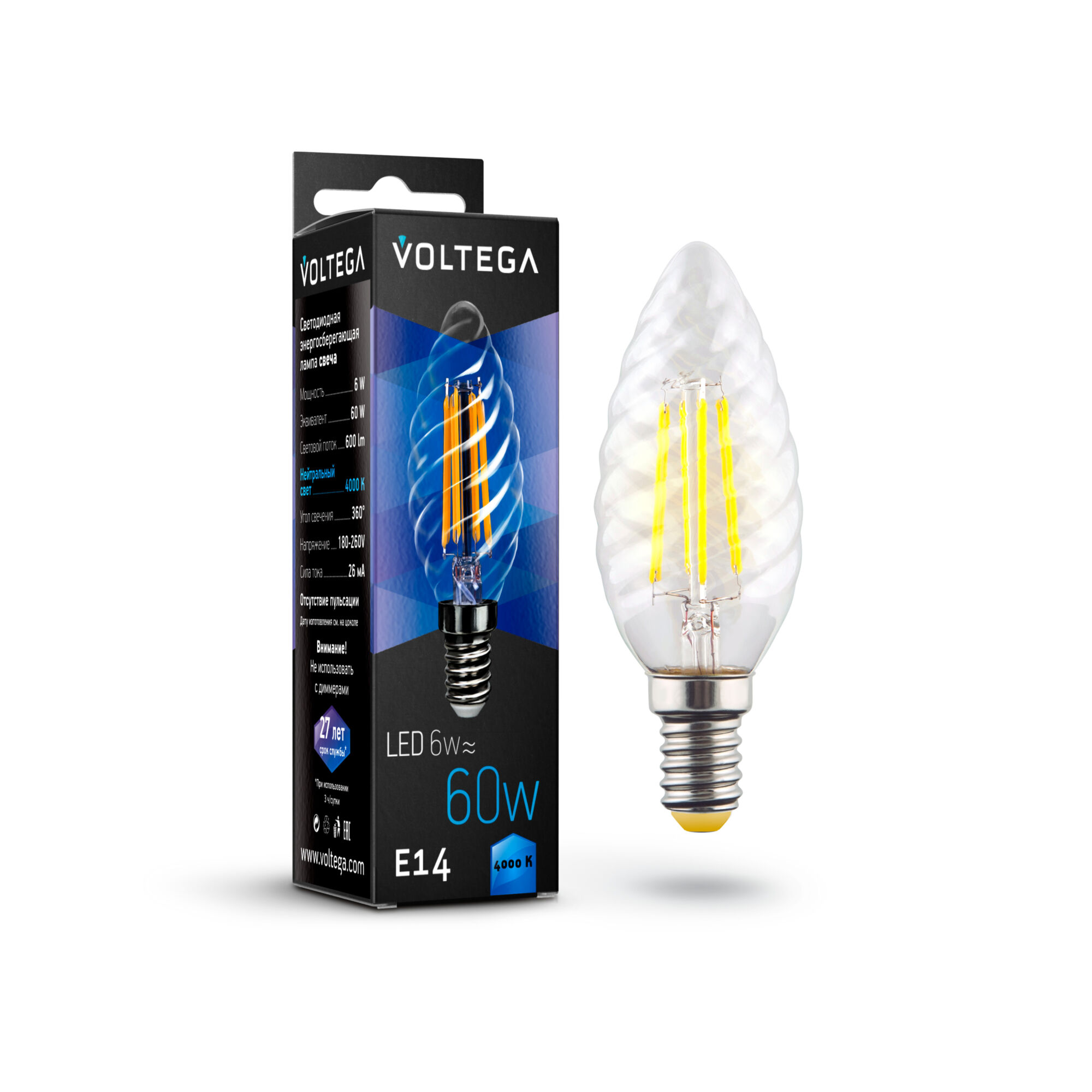 Светодиодная лампа Crystal Candle corn 6W 4000K E14 360°   Лампочка Voltega 7028