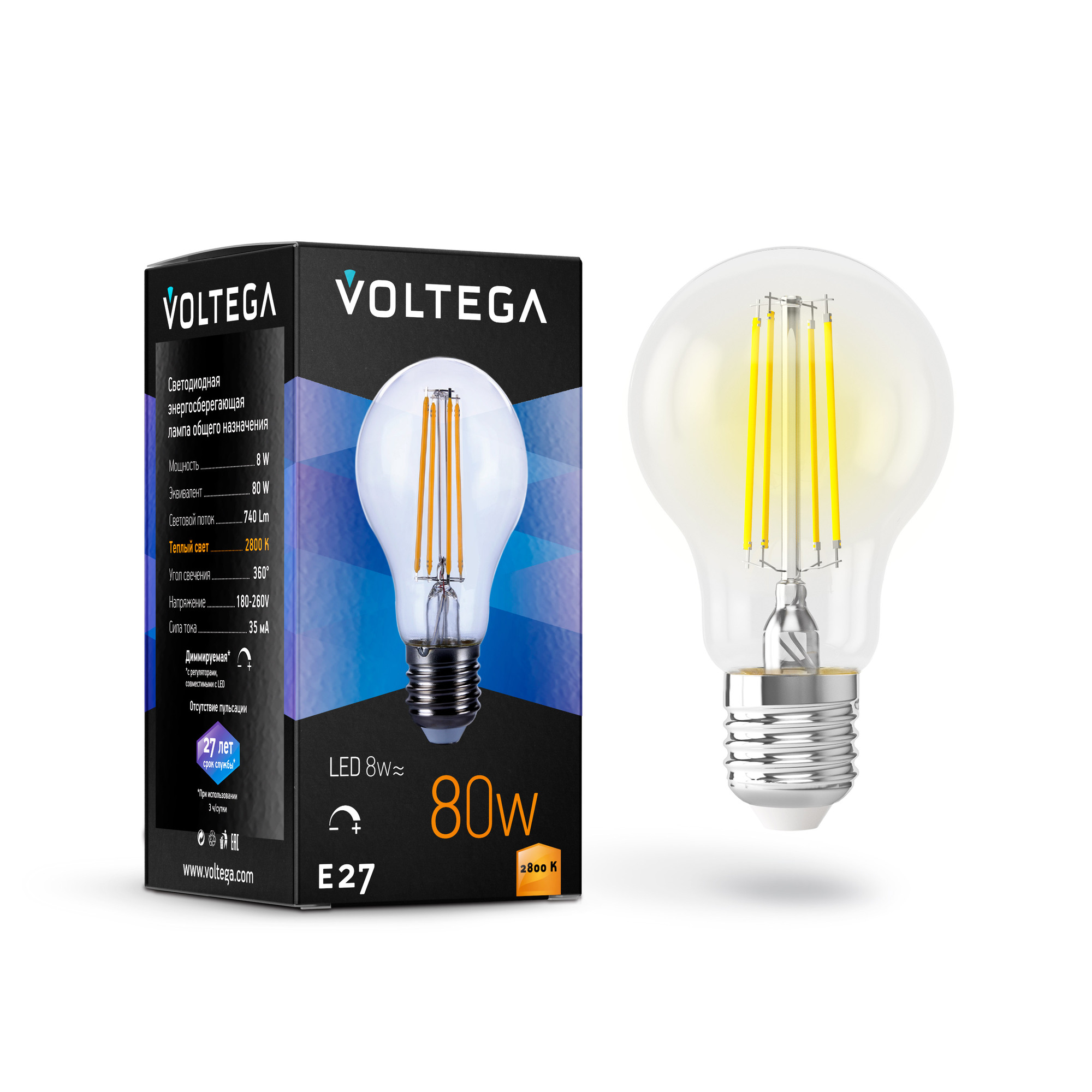 Светодиодная лампа Crystal A60 8W 2800K E27 DIM 360°   Лампочка Voltega 5489