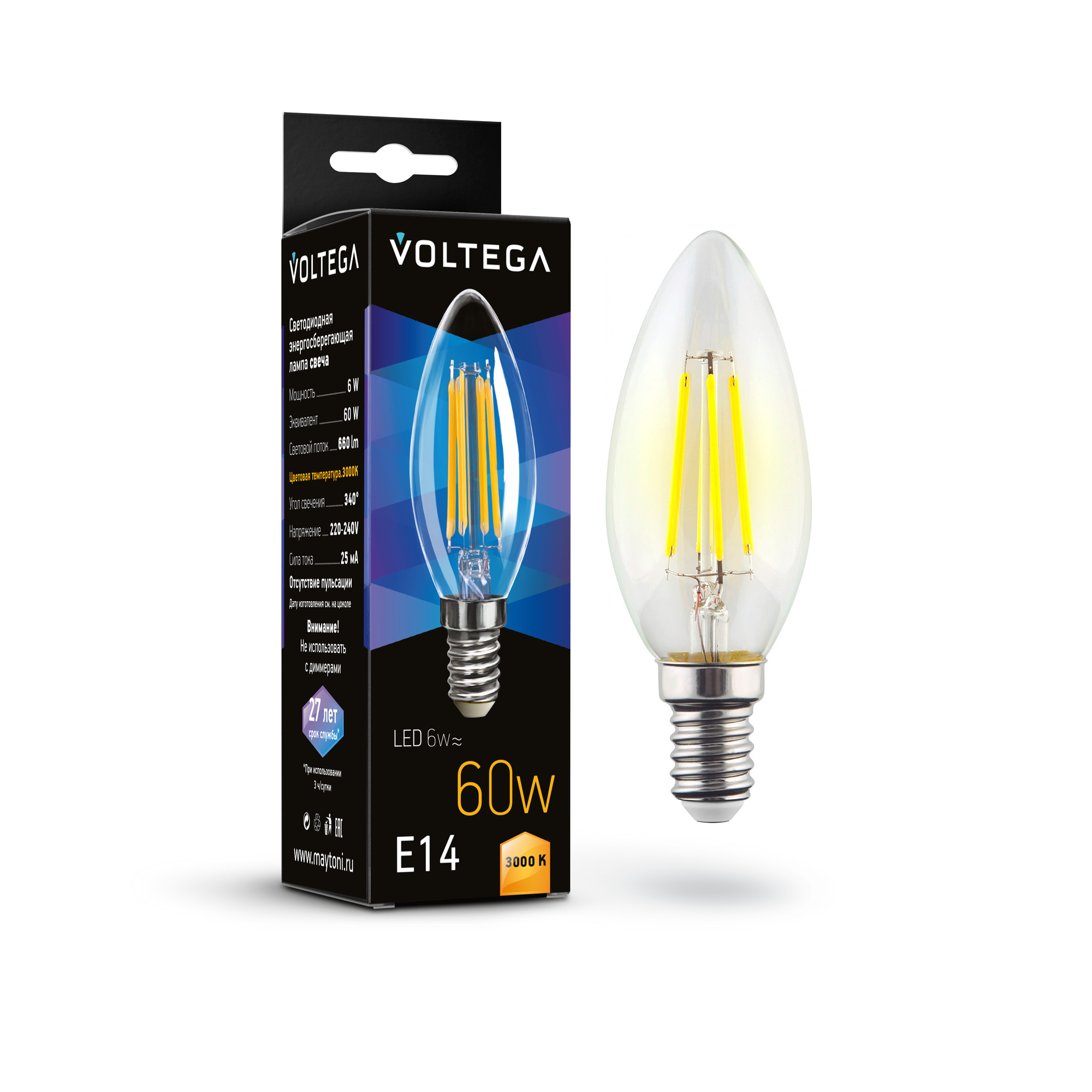 Светодиодная лампа Crystal Candle 6W 3000K E14 340°   Лампочка Voltega 7198