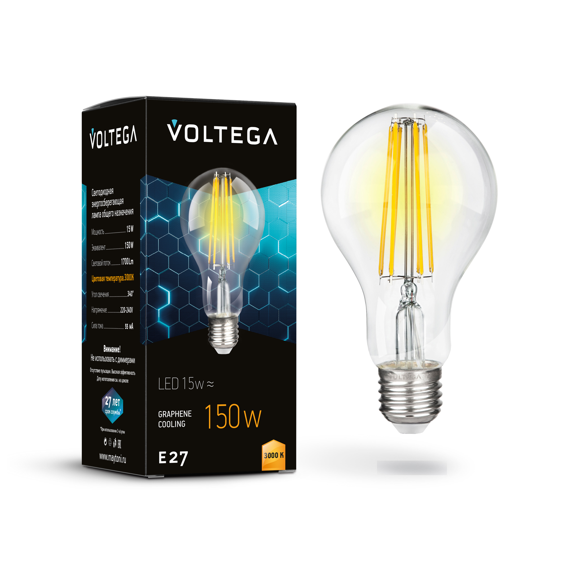 Светодиодная лампа Crystal Graphene A60 15W 3000K E27 340°   Лампочка Voltega 7226