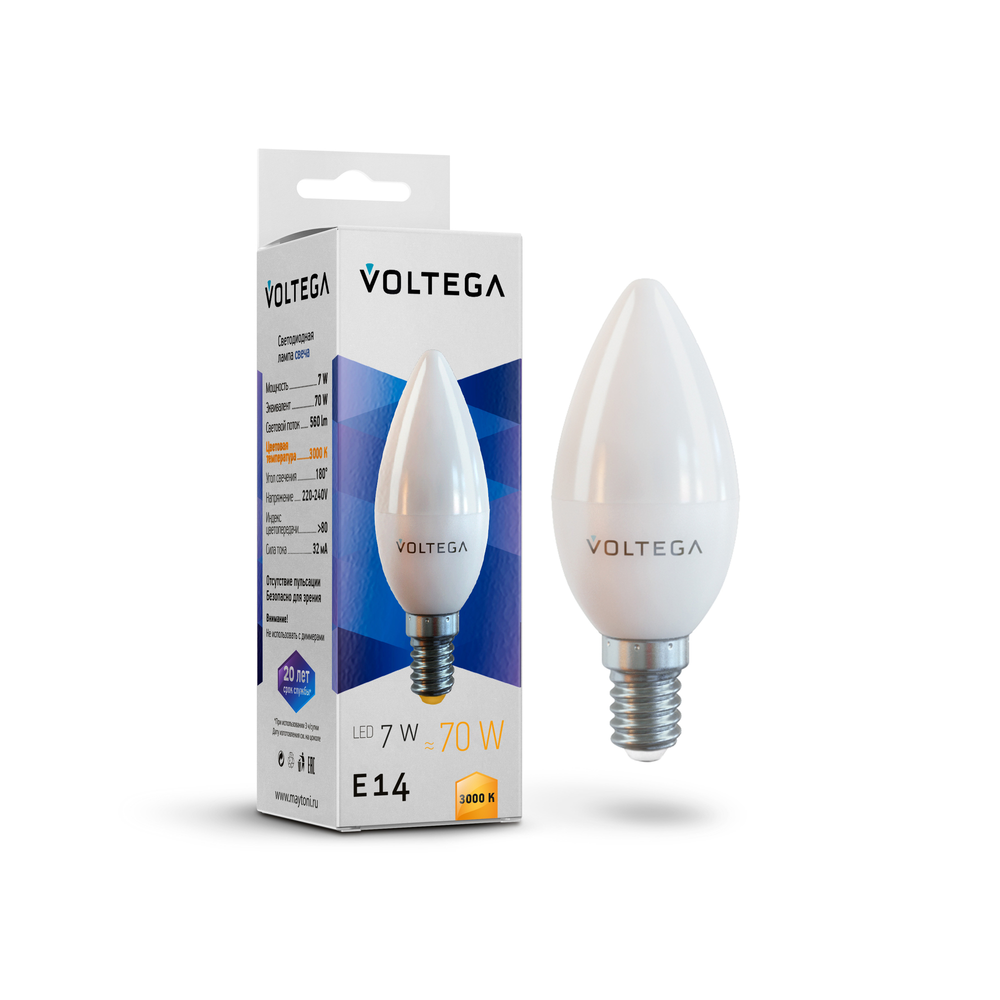 Светодиодная лампа Simple Candle 7W 3000K E14 180°   Лампочка Voltega 7230