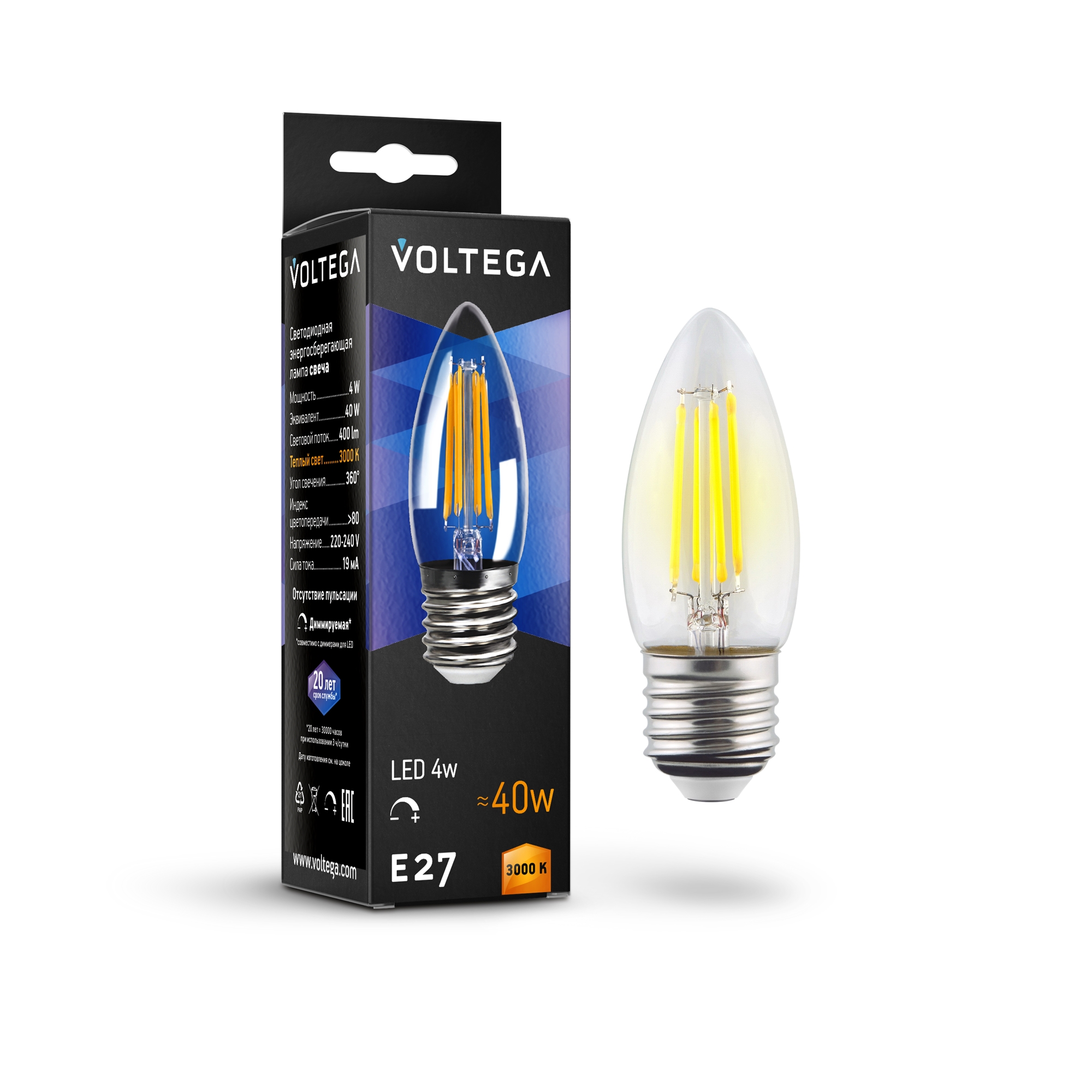 Светодиодная лампа Crystal Candle 5W 3000K E27 DIM 360°   Лампочка Voltega 8462