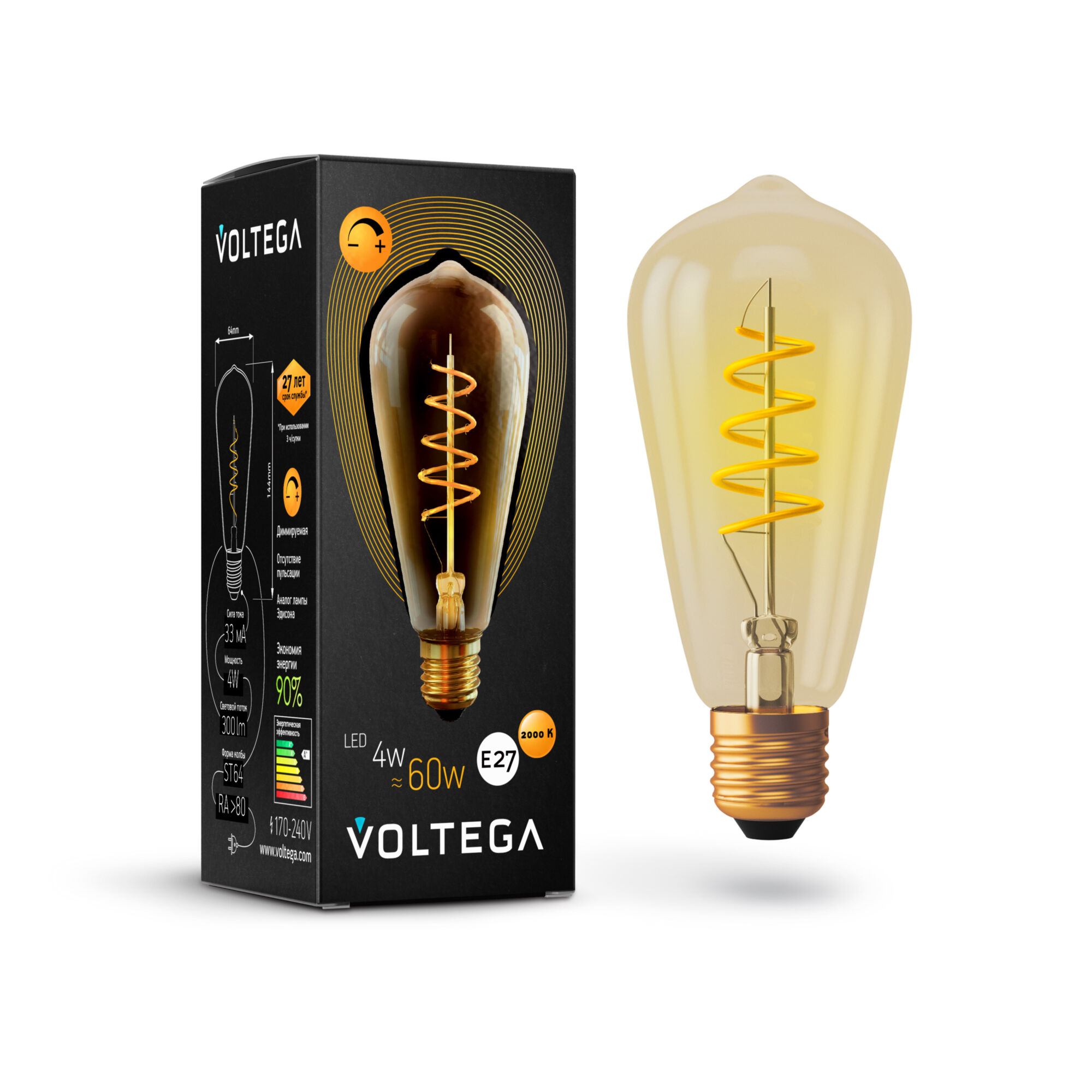 Светодиодная лампа Loft Led ST64 4W 2000K E27 DIM 360° Лампочка Voltega 7077