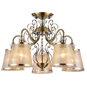 Серия из металла цвета античной бронзы. Арматура светильников Driana дополнена завитками на рожках и узогнутым декором в центральной части. Абажуры из полупрозрачной органзы выполнены в виде колокольчиков и обрамлены ободками из металла. Потолочный светильник Freya FR2405-PL-05-BZ