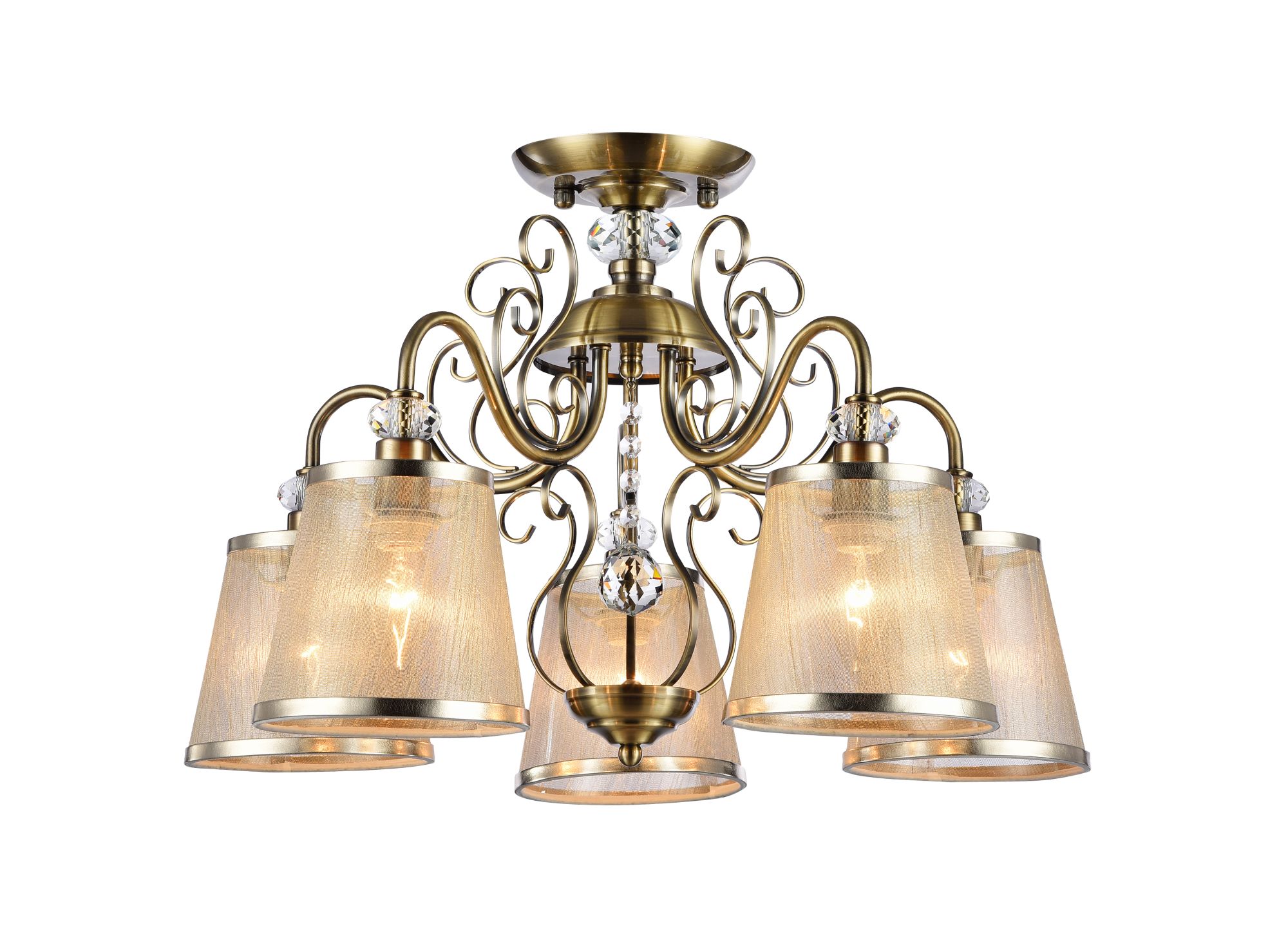 Серия из металла цвета античной бронзы. Арматура светильников Driana дополнена завитками на рожках и узогнутым декором в центральной части. Абажуры из полупрозрачной органзы выполнены в виде колокольчиков и обрамлены ободками из металла. Потолочный светильник Freya FR2405-PL-05-BZ