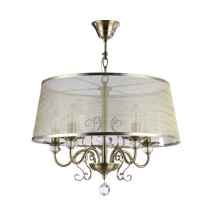 Серия из металла цвета античной бронзы. Арматура светильников Driana дополнена завитками на рожках и узогнутым декором в центральной части. Абажуры из полупрозрачной органзы выполнены в виде колокольчиков и обрамлены ободками из металла. Люстра Freya FR2405-PL-05C-BZ