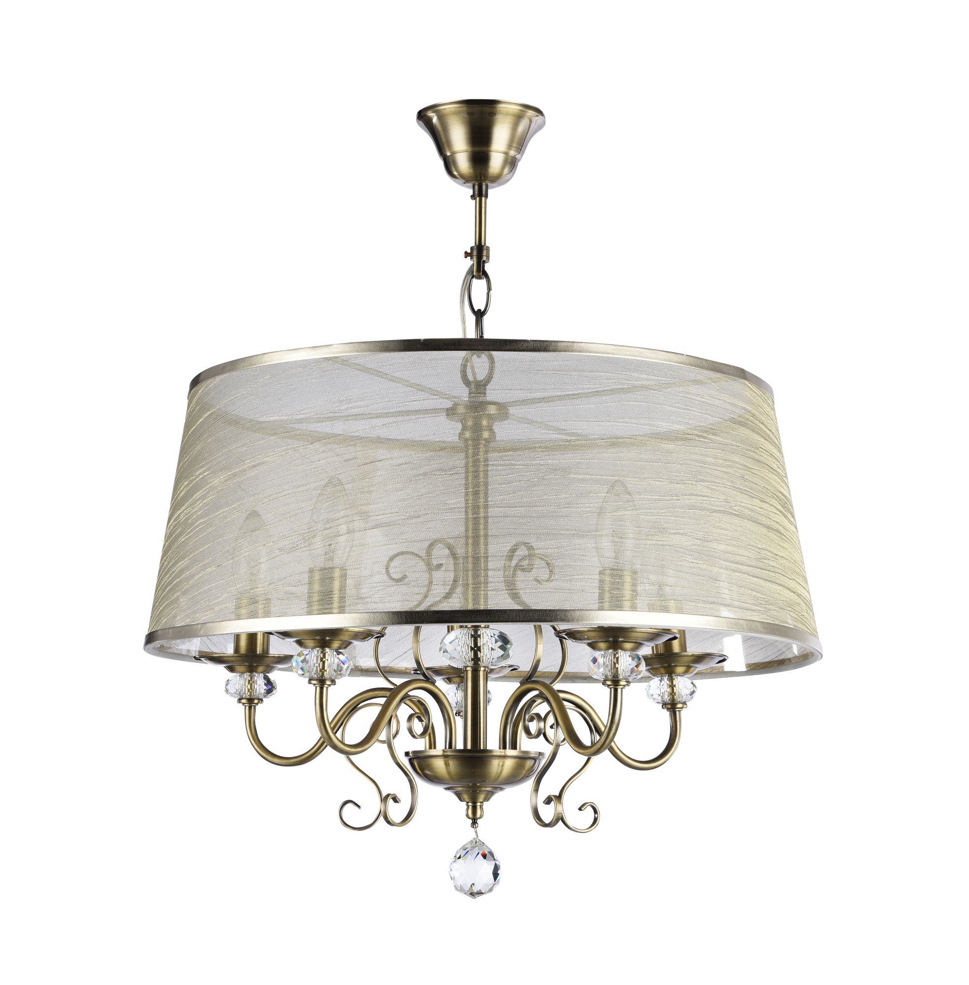 Серия из металла цвета античной бронзы. Арматура светильников Driana дополнена завитками на рожках и узогнутым декором в центральной части. Абажуры из полупрозрачной органзы выполнены в виде колокольчиков и обрамлены ободками из металла. Люстра Freya FR2405-PL-05C-BZ