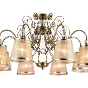 Серия из металла цвета античной бронзы. Арматура светильников Driana дополнена завитками на рожках и узогнутым декором в центральной части. Абажуры из полупрозрачной органзы выполнены в виде колокольчиков и обрамлены ободками из металла. Потолочный светильник Freya FR2405-PL-08-BZ