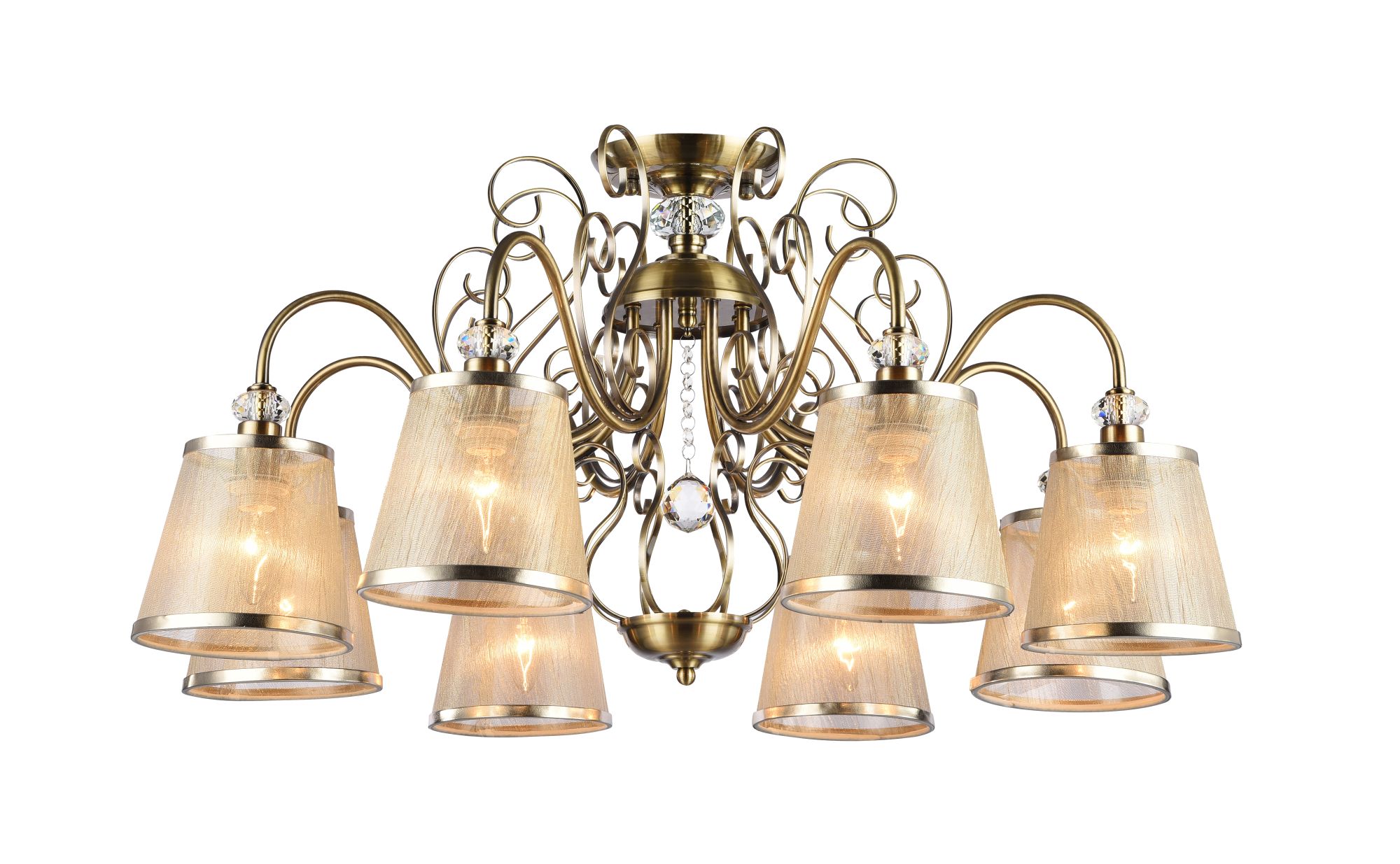 Серия из металла цвета античной бронзы. Арматура светильников Driana дополнена завитками на рожках и узогнутым декором в центральной части. Абажуры из полупрозрачной органзы выполнены в виде колокольчиков и обрамлены ободками из металла. Потолочный светильник Freya FR2405-PL-08-BZ