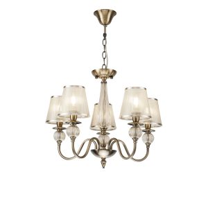 Серия в классическом стиле. Главное украшение светильников Inessa – декоративные элементы арматуры из прозрачного стекла коньячного оттенка. Абажуры выполнены из органзы и обрамлены тесьмой в цвет арматуры