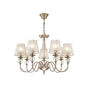 Серия в классическом стиле. Главное украшение светильников Inessa – декоративные элементы арматуры из прозрачного стекла коньячного оттенка. Абажуры выполнены из органзы и обрамлены тесьмой в цвет арматуры