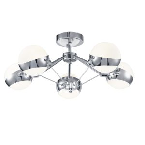 Серия светильников в современном стиле с футуристическими мотивами. Арматура из металла доступна в двух цветах: в черном и в цвете "хром". Плафоны сделаны из белого стекла. Небольшая высота светильников позволяет использовать их в помещениях с любой высотой. Для моделей серии Silvia рекомендуем использовать лампочки в форме шара. Потолочный светильник Freya FR5009CL-05CH