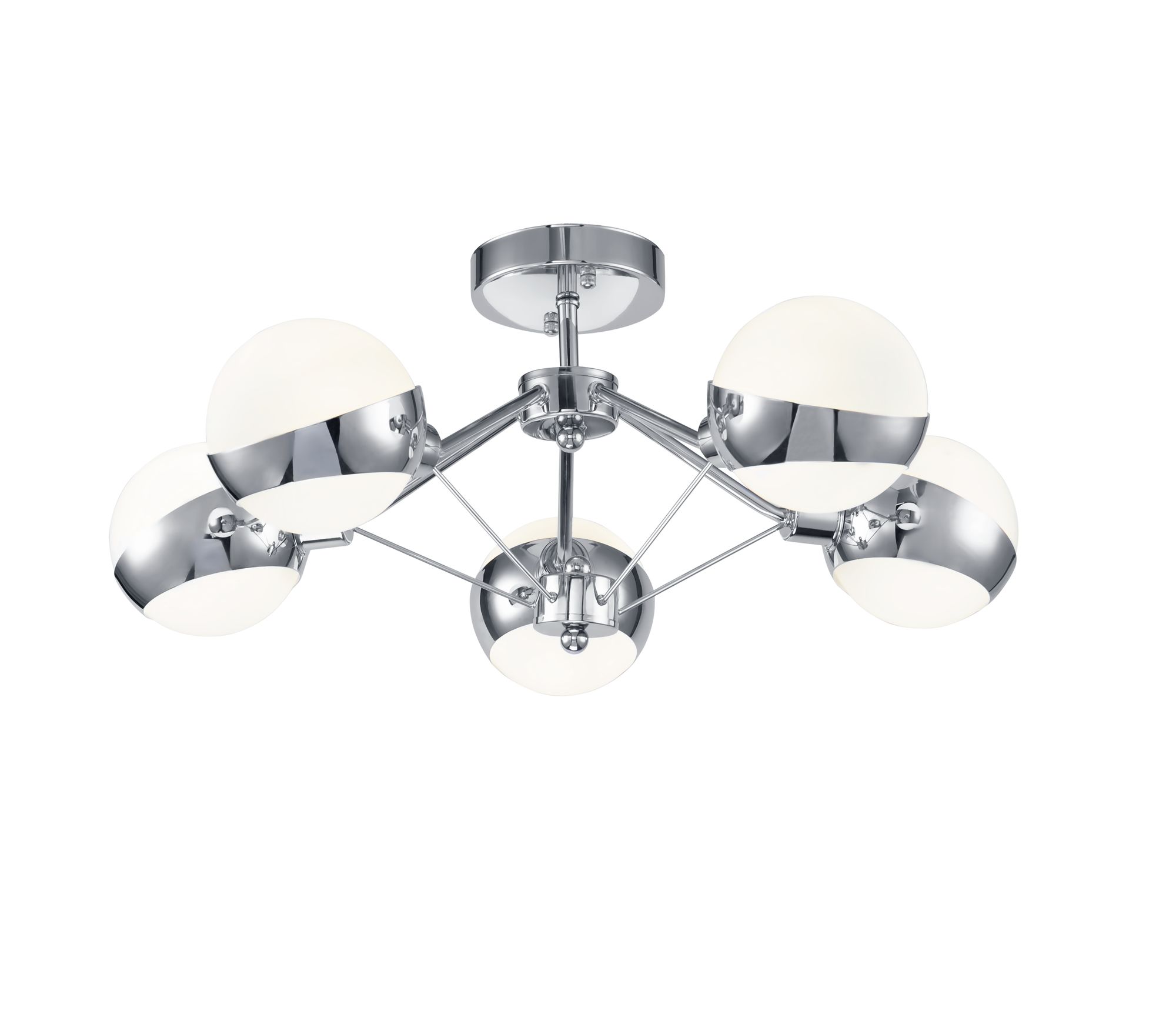 Серия светильников в современном стиле с футуристическими мотивами. Арматура из металла доступна в двух цветах: в черном и в цвете "хром". Плафоны сделаны из белого стекла. Небольшая высота светильников позволяет использовать их в помещениях с любой высотой. Для моделей серии Silvia рекомендуем использовать лампочки в форме шара. Потолочный светильник Freya FR5009CL-05CH