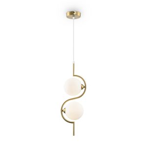 Плавные симметричные контуры создают визуально легкий и гармоничный облик серии. Символика «инь-ян» и трендовый силуэт сферы – образа бесконечности – наполняют дизайн метафорическим смыслом. Минималистичная металлическая арматура окрашена в цвет латуни. Сферическая форма плафонов обеспечивает равномерное распределение светового потока