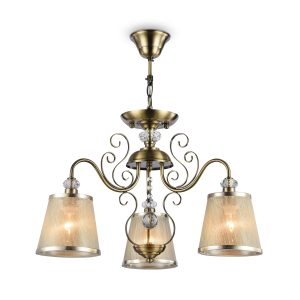 Серия из металла цвета античной бронзы. Арматура светильников Driana дополнена завитками на рожках и узогнутым декором в центральной части. Абажуры из полупрозрачной органзы выполнены в виде колокольчиков и обрамлены ободками из металла. Потолочный светильник Freya FR2405-PL-03-BZ