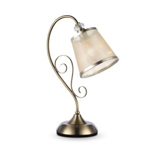 Серия из металла цвета античной бронзы. Арматура светильников Driana дополнена завитками на рожках и узогнутым декором в центральной части. Абажуры из полупрозрачной органзы выполнены в виде колокольчиков и обрамлены ободками из металла. Настольный светильник Freya FR2405-TL-01-BZ