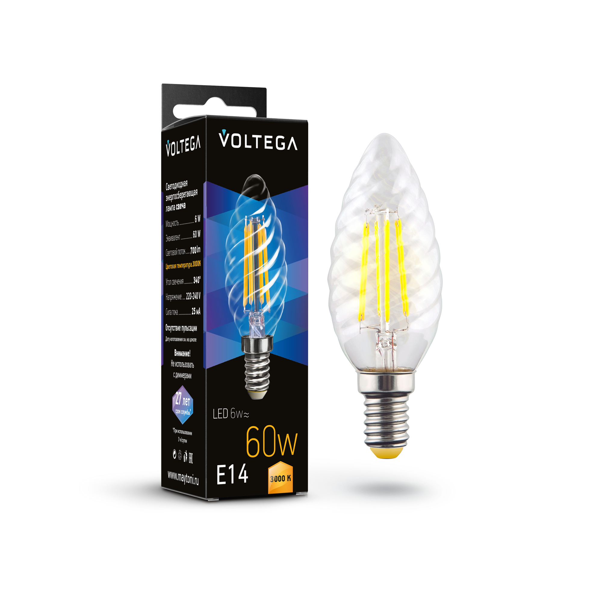 Светодиодная лампа Crystal Candle corn 6W 3000K E14 340° Лампочка Voltega 7211