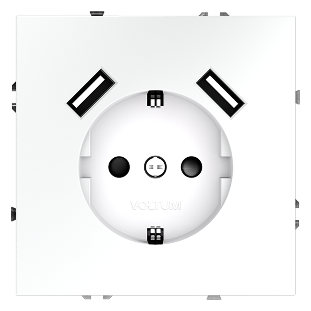Розетка встраиваемая VOLTUM S70 с заземлением и защитными шторками, 16А, с USB, A+A, (белый матовый) — изображение 2