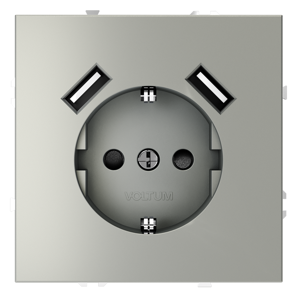 Розетка встраиваемая VOLTUM S70 с заземлением и защитными шторками, 16А, с USB, A+A, (сталь) — изображение 2