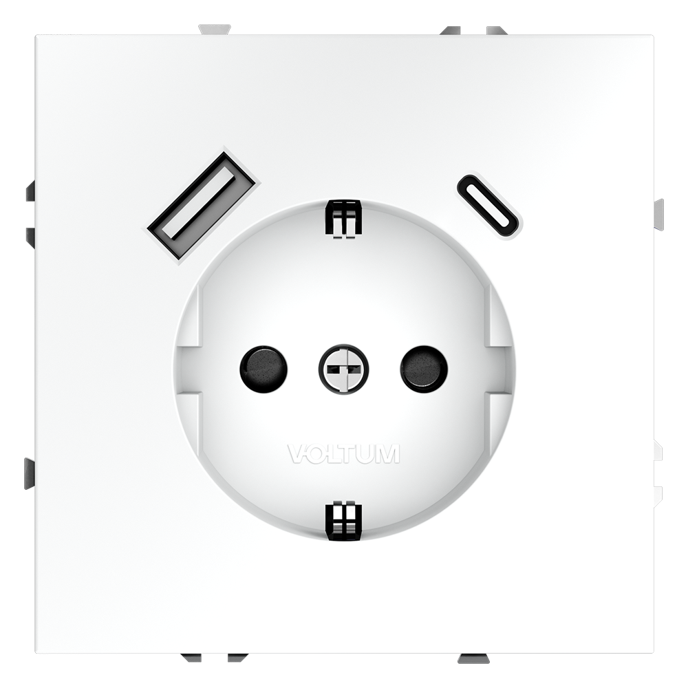 Розетка встраиваемая VOLTUM S70 с заземлением и защитными шторками, 16А, с USB, A+С, (белый матовый) — изображение 2