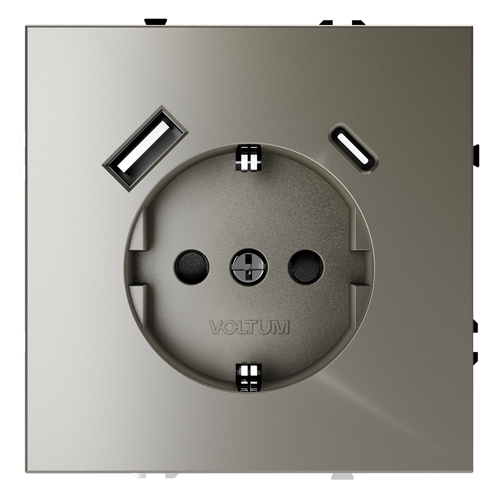 Розетка встраиваемая VOLTUM S70 с заземлением и защитными шторками, 16А, с USB, A+С, (шелк) — изображение 2