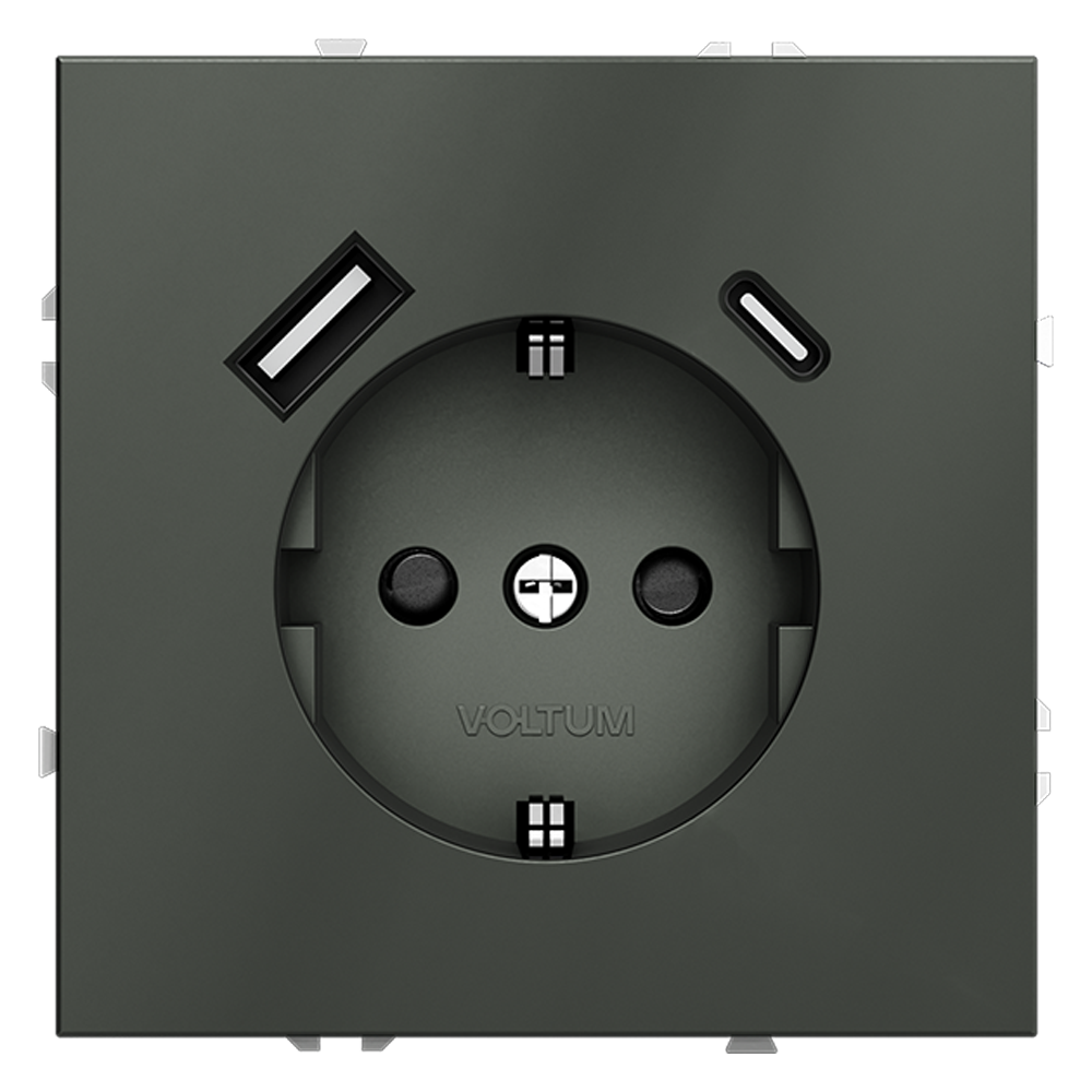 Розетка встраиваемая VOLTUM S70 с заземлением и защитными шторками, 16А, с USB, A+С, (титан) — изображение 2