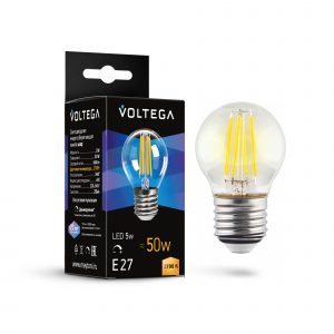 Светодиодная лампа филамент шар 5Вт 2700K E27 340° диммируемая Лампочка Voltega 7201
